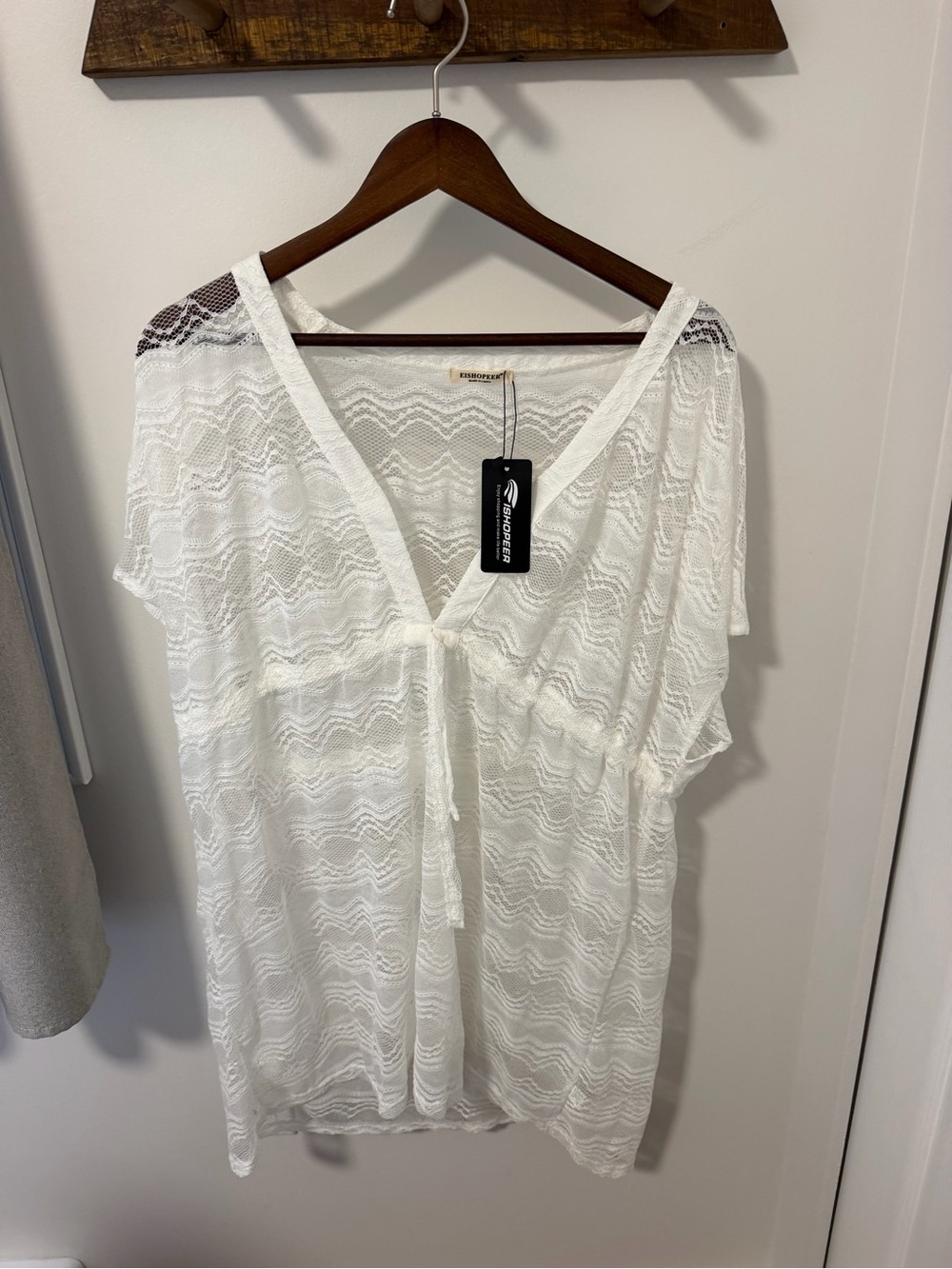 White Lace V-Neck Swim Coverup with Front Tie